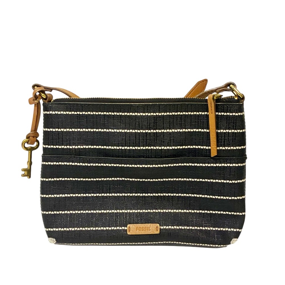 Fossil Devon Black With White Stripes Crossbody Vegan Leather Shoulder Bag
